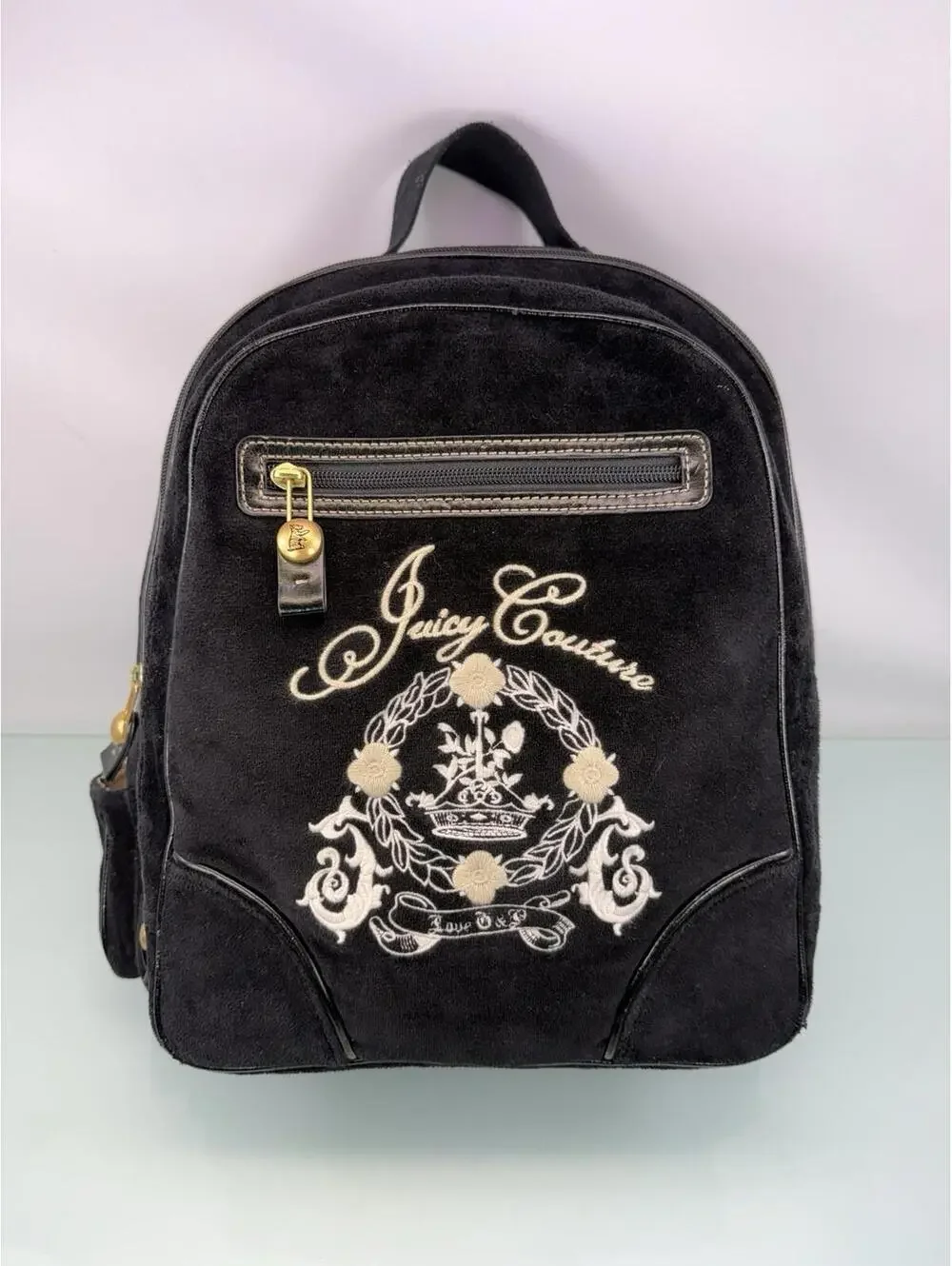 Juicy Couture Velour Backpack Black Crown Crest Y2K Vintage Bag Book Bag